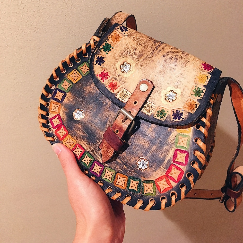 Handcrafted Mexican folk tooled leather satchel